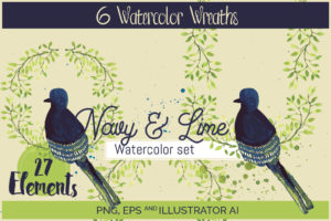 Navy & Lime watercolor set 6 wreaths